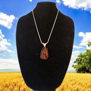 Sterling Silver Italy Vintage Snake Chain Necklace Amber Large Pendant